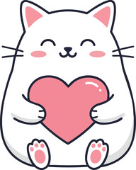Cute white cat holding pink heart illustration in adorable cartoon style for love and affection designs