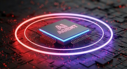 Close up of ai agent chip on circuit board with glowing rings in red and purple hues