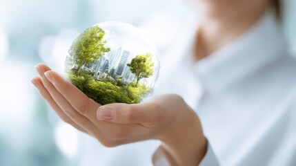 A person holding a glass globe with a miniature city and green trees inside.