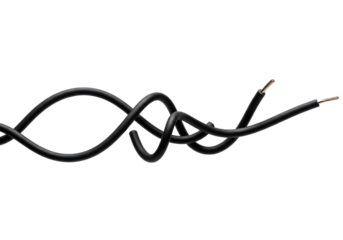 A sleek, matte black electrical wire, medium gauge, heavily insulated, smoothly curved into an intricate spiral, isolated on a pristine transparent background with generous copy space, concept of