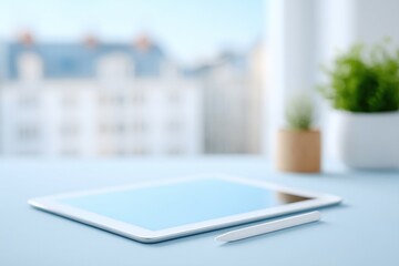 flat-lay of architectural drafting tools tablet with façade render and small plant on pastel desk