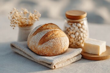 flat-lay of artisanal bread loaf pickled mushrooms in jar cheese board and linen napkin on table