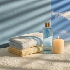 Soft towels, a clear bottle with liquid, and a lit candle sit on a textured surface, bathed in natural light with shadows and a blue sky background.