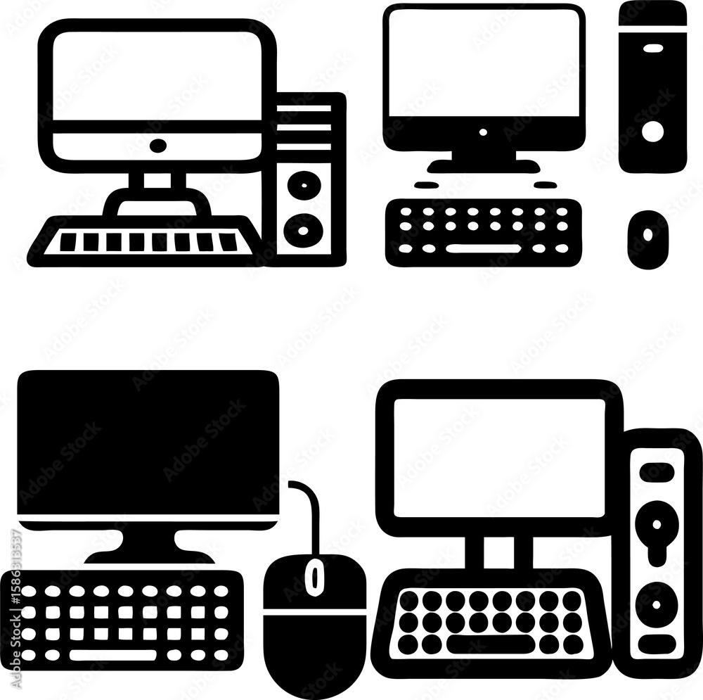 Poster vector icon set of desktop computer setup with screen, cpu, keyboard, and mouse in flat style.