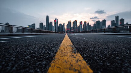 Premium image of empty Asphalt Road with Blurred Cityscape.