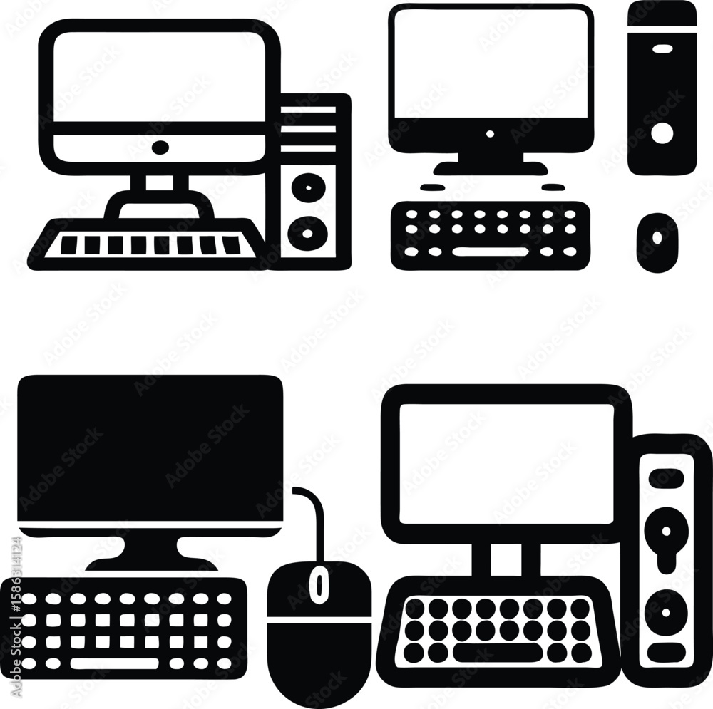 Poster vector icon set of desktop computer setup with screen, cpu, keyboard, and mouse in flat style.