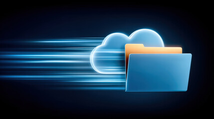 Digital cloud storage concept with glowing cloud and folder, symbolizing fast data transfer and modern technology. image conveys sense of speed and efficiency in data management