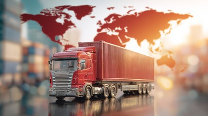 A red shipping truck stands against a world map backdrop in a logistics setting.