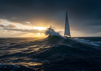 Dramatic Ocean Sailing Sailboat Battling Stormy Seas at Sunset. Beautiful Nautical Scene.