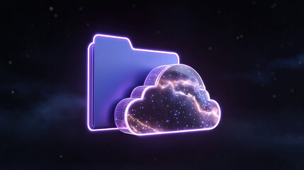Digital representation of cloud storage folder with cosmic design, symbolizing data storage and technology. vibrant colors evoke sense of innovation and creativity