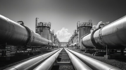 Premium image of series of large metallic tanks and pipes create a symmetrical industrial landscape under a clear sky.