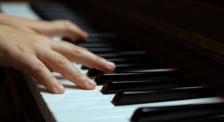 Obraz premium Hands playing piano keys in close up view. Fingers pressing black and white keys on keyboard. Music performance and piano playing concept