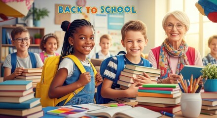 Smiling students and a teacher are ready for back to school in a classroom setting, with books and backpacks, conveying education, learning, and the joy of returning to school.