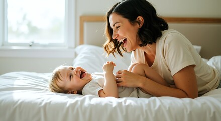 Happy mother playing with laughing baby on white bed. Natural light bedroom scene. Maternal bond and family joy concept. Motherhood, parenting services, baby products horizontal banner