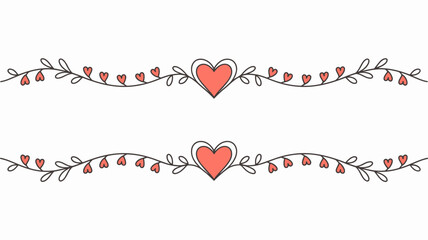 Heart Vine Divider: A charming illustration featuring two parallel lines adorned with delicate vines, leaves, and coral hearts, perfect for adding a romantic touch to your designs. 