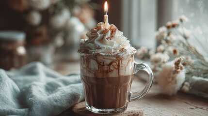 Mug of hot chocolate with whipped cream and candle on top, cozy birthday moment, transparent background