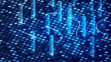 This artwork features a mesmerizing digital landscape filled with glowing vertical pillars and a network of sparkling squares, creating a dynamic and futuristic atmosphere.