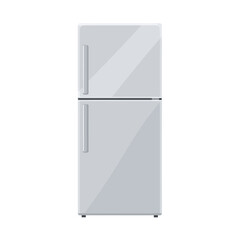 Modern, light gray, two-door refrigerator, isolated on white background.