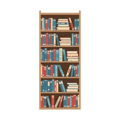 Illustration of a tall, wooden bookshelf filled with various colorful books arranged on multiple shelves.