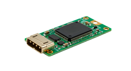 Close up of a green circuit board with a usb connector and a black chip on a black background