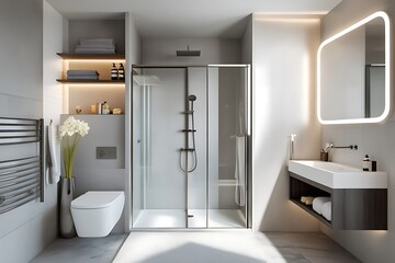Modern bathroom with shower and lighted mirror