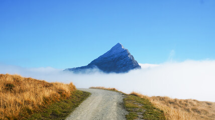 A serene landscape photograph of a winding mountain path leading to a dramatic snow-capped peak.