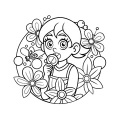 Fototapeta premium Little Girl Blowing Bubbles Surrounded by Butterflies Coloring Page