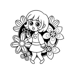 Fototapeta premium Little Girl Blowing Bubbles Surrounded by Butterflies Coloring Page