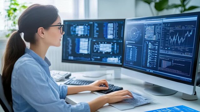 A skilled worker analyzes data on multiple screens, showcasing focus and expertise in the workplace