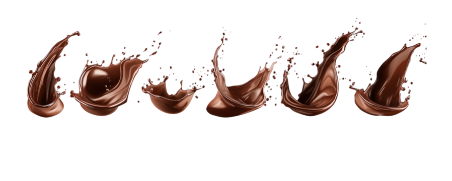 Set of chocolate splashes isolated on a white background, in different angles and poses. 
