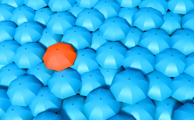 Obraz premium Gorup of blue umbrellas, one is orange. standing out from the crowd, unique, individuality, contrasts. 3D illustration