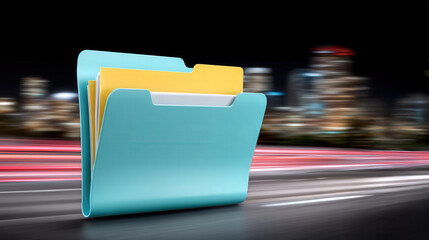 Organized folder with documents in vibrant blue color, set against blurred cityscape background, conveying sense of speed and efficiency in modern environment