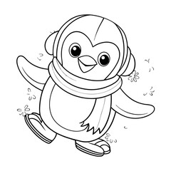 Obraz premium Penguin Wearing Earmuffs and Scarf Sliding on Ice Coloring Page
