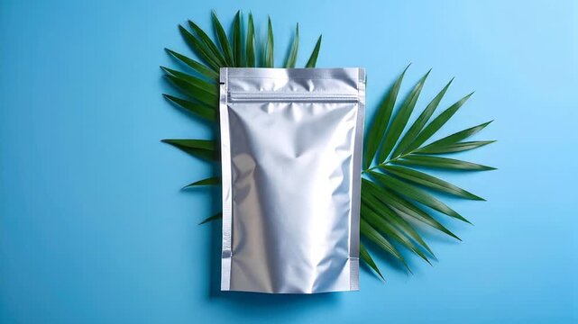 A metallic, sealed pouch sits centered atop a bright blue background with a green palm frond. Minimalist, isolated photo