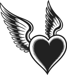 Obraz premium Heart with wings, winged heart, love symbol, angelic heart motif, vintage engraving style illustration of a heart with wings