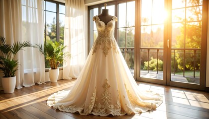 Elegant wedding dress displayed in a sunny room