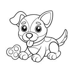 Fototapeta premium Puppy Chewing a Bone with Paw Prints and Balls Nearby Coloring Page