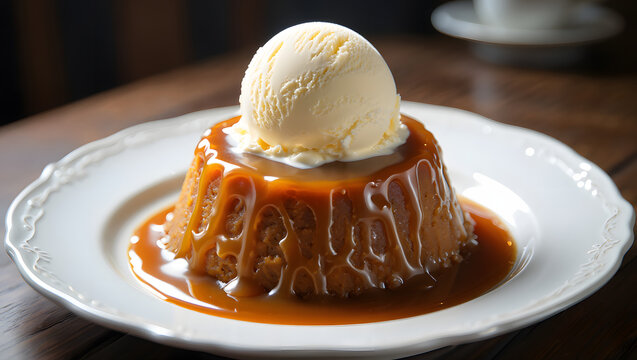 Delicious sticky toffee pudding topped with vanilla ice cream and caramel sauce