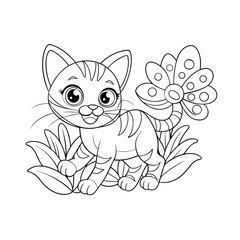 Smiling Kitten Chasing Butterflies in a Flower Garden Coloring Page