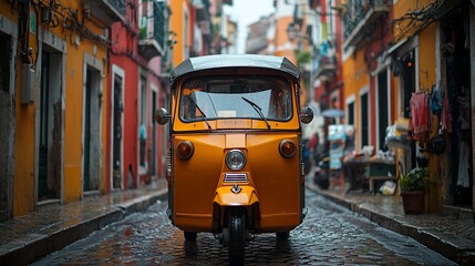 A vibrant yellow three-wheeled vehicle sits on a narrow, rain-slicked cobblestone street lined with colorful buildings.  Rainy day scene