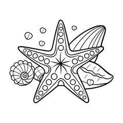 Starfish Lying on a Sandy Beach with Seashells and Starfish Coloring Page