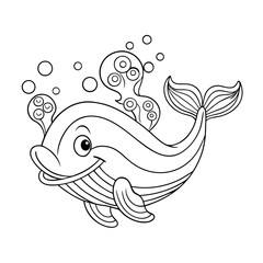 Smiling Whale Blowing a Water Spout with Fish and Bubbles Coloring Page