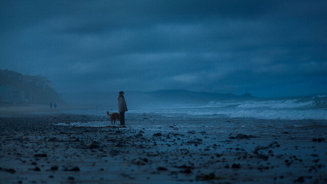 Person walks dog on foggy morning at the beach in Oregon
