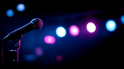 Obraz premium Musical microphone duo with glowing backdrop high resolution picture