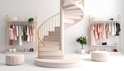 Pastel-toned spiral staircase boutique interior