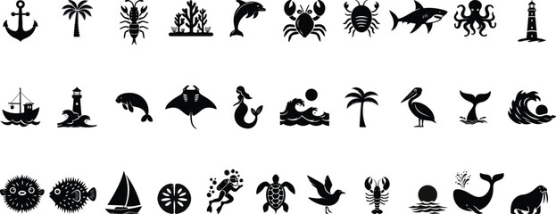 Marine life silhouette set featuring 31 iconic ocean-themed elements including animals, vessels, and coastal symbols