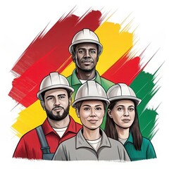 Diverse construction workers united with a vibrant red yellow and green background