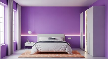 A modern bedroom showcases a stylish bed with white linens and a gray throw, complemented by a white nightstand, pendant light, and a vibrant purple wall for a cozy ambiance.