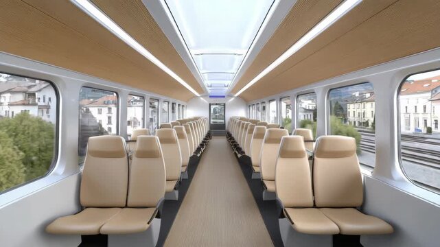 Spacious train cabin with stylish seats is highlighted, offering a glimpse of contemporary design elements and natural light