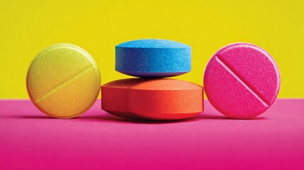Brightly colored tablets stacked on a vibrant background, symbolizing modern medicine.